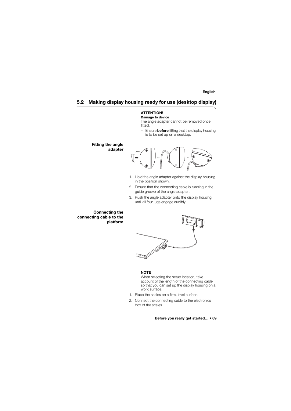 Fitting the angle adapter, Connecting the connecting cable to the platform | Seca 634 User Manual | Page 69 / 363