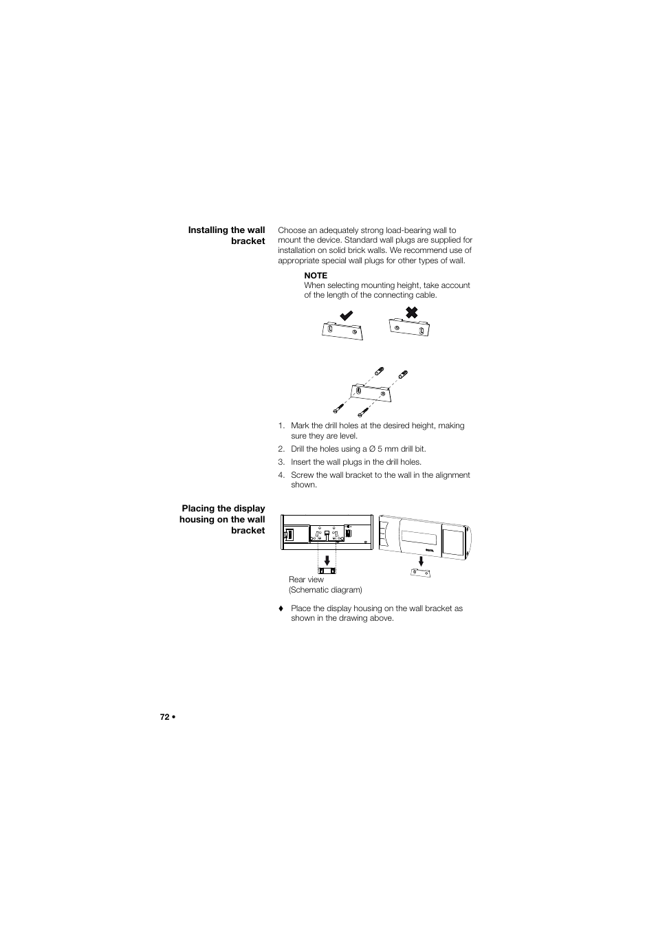 Installing the wall bracket, Placing the display housing on the wall bracket | Seca 634 User Manual | Page 72 / 363