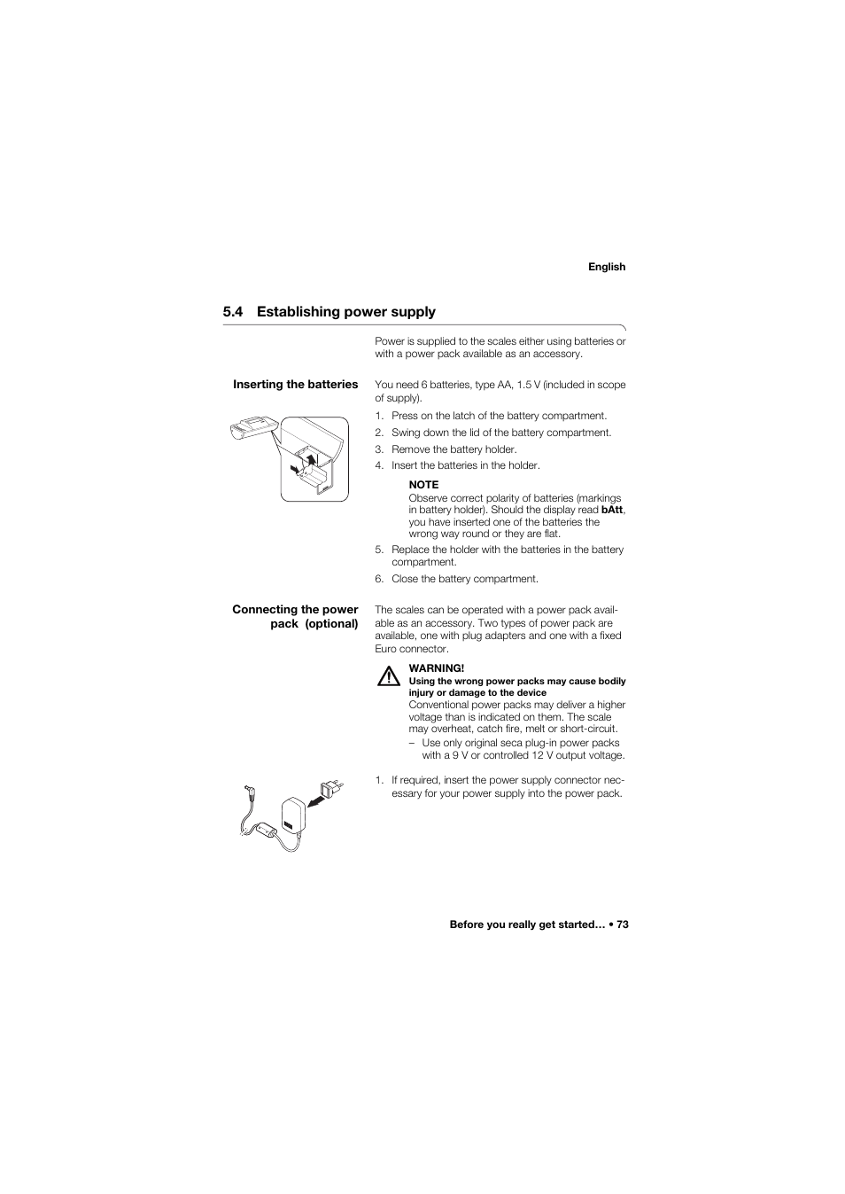 4 establishing power supply, Inserting the batteries | Seca 634 User Manual | Page 73 / 363