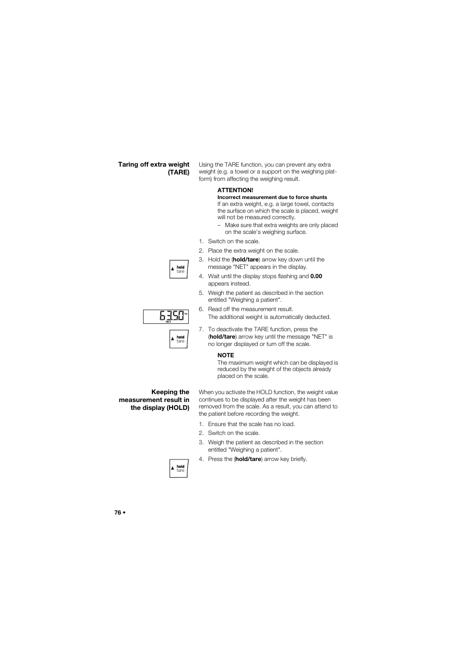 Taring off extra weight (tare) | Seca 634 User Manual | Page 76 / 363