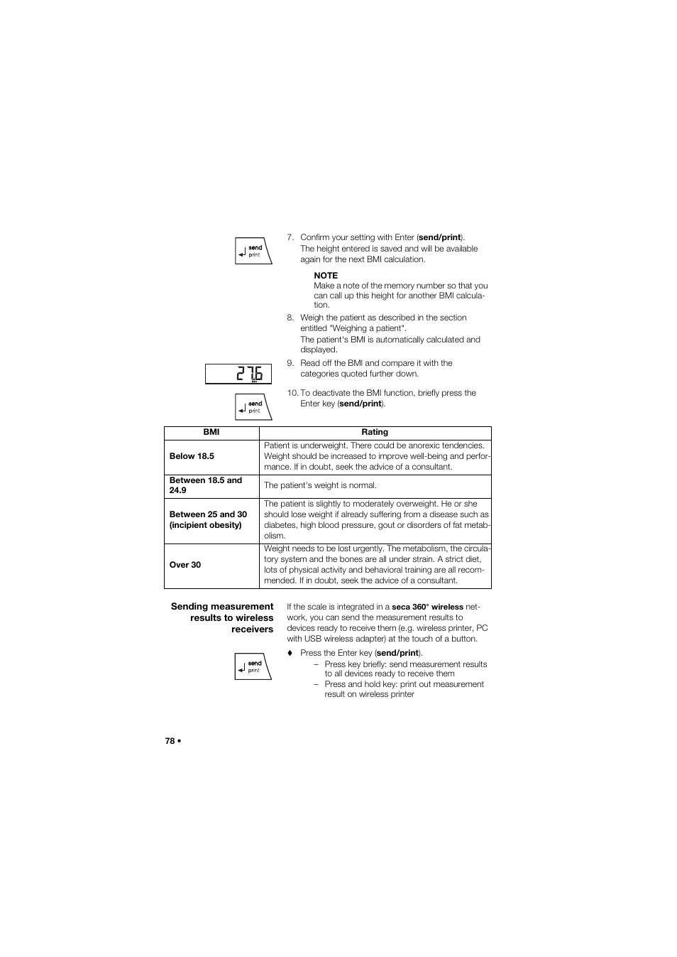 Sending measurement results to wireless receivers | Seca 634 User Manual | Page 78 / 363