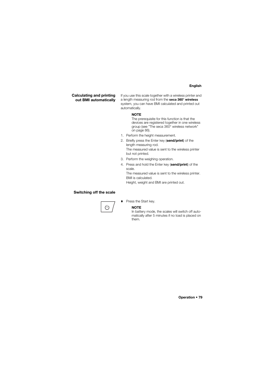 Calculating and printing out bmi automatically, Switching off the scale | Seca 634 User Manual | Page 79 / 363