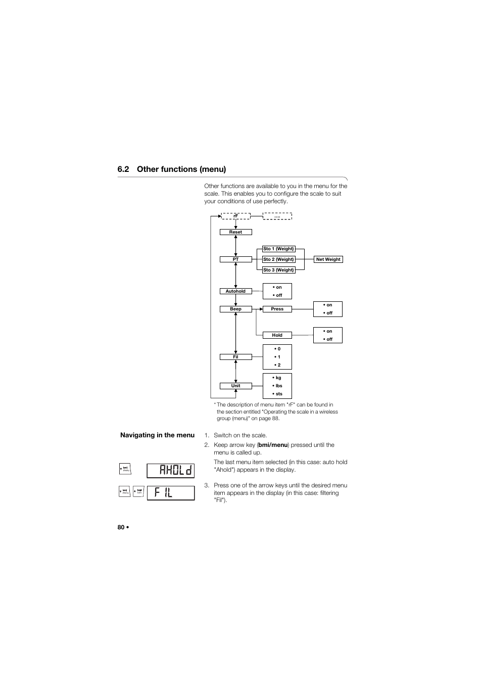 2 other functions (menu), Navigating in the menu | Seca 634 User Manual | Page 80 / 363