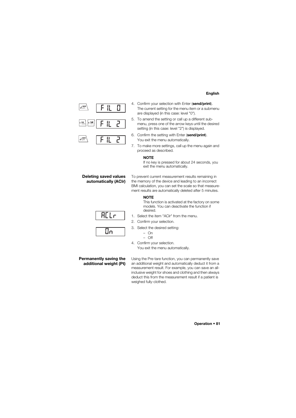 Deleting saved values automatically (aclr), Permanently saving the additional weight (pt) | Seca 634 User Manual | Page 81 / 363