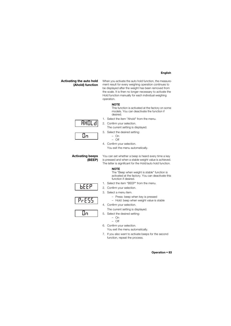 Activating the auto hold (ahold) function, Activating beeps (beep) | Seca 634 User Manual | Page 83 / 363