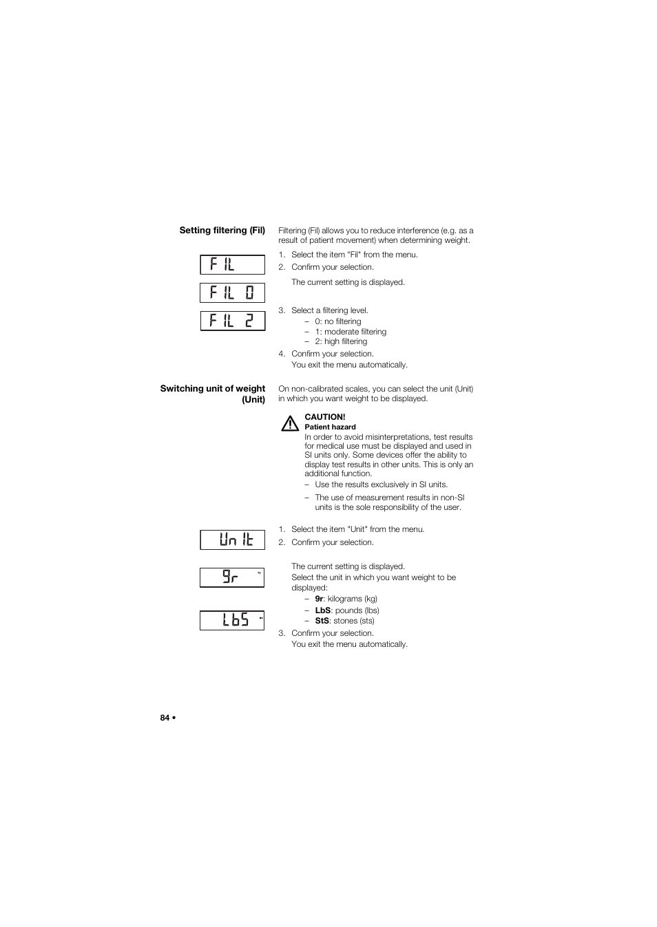 Setting filtering (fil), Switching unit of weight (unit) | Seca 634 User Manual | Page 84 / 363