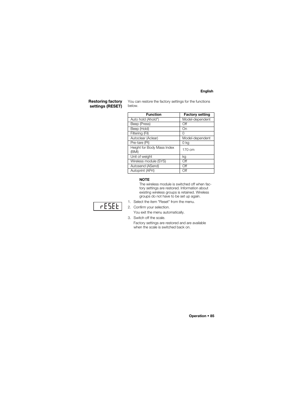 Restoring factory settings (reset) | Seca 634 User Manual | Page 85 / 363