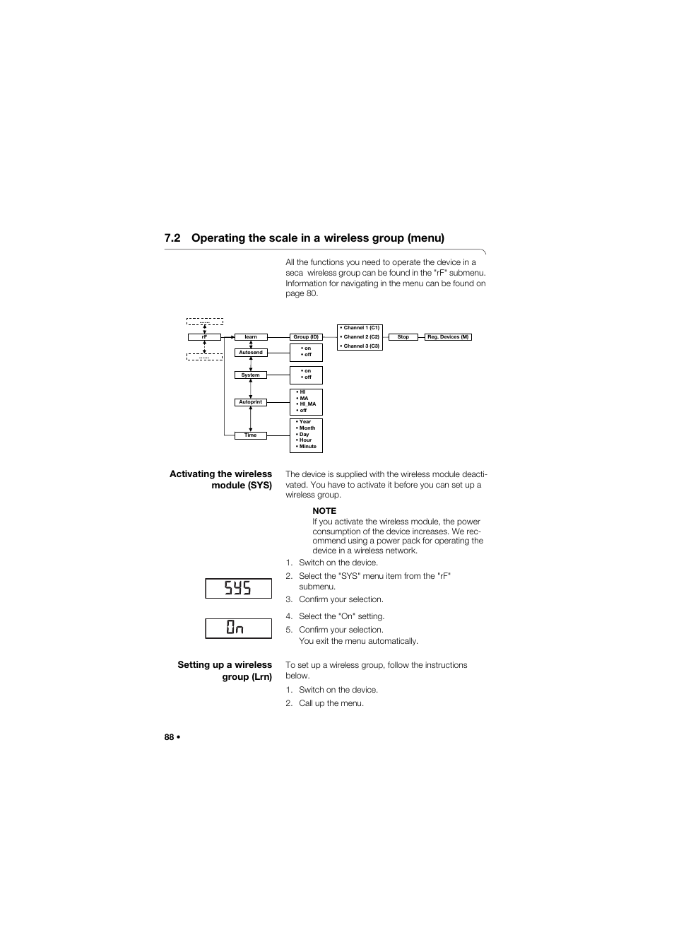 2 operating the scale in a wireless group (menu), Activating the wireless module (sys), Setting up a wireless group (lrn) | 2 operating the scale in a, Wireless group (menu) | Seca 634 User Manual | Page 88 / 363