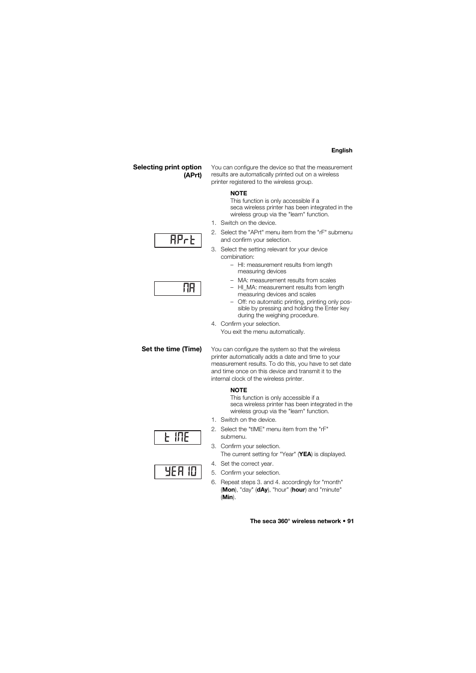 Selecting print option (aprt), Set the time (time) | Seca 634 User Manual | Page 91 / 363