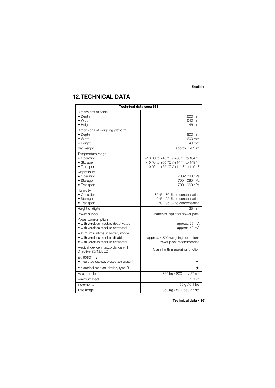 Technical data | Seca 634 User Manual | Page 97 / 363