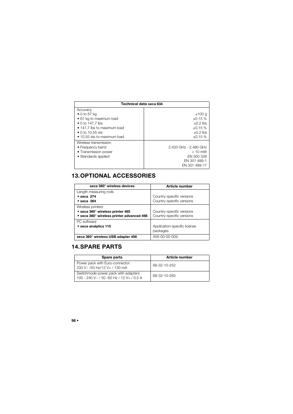 Optional accessories, Spare parts, Optional accessories 14.spare parts | Seca 634 User Manual | Page 98 / 363