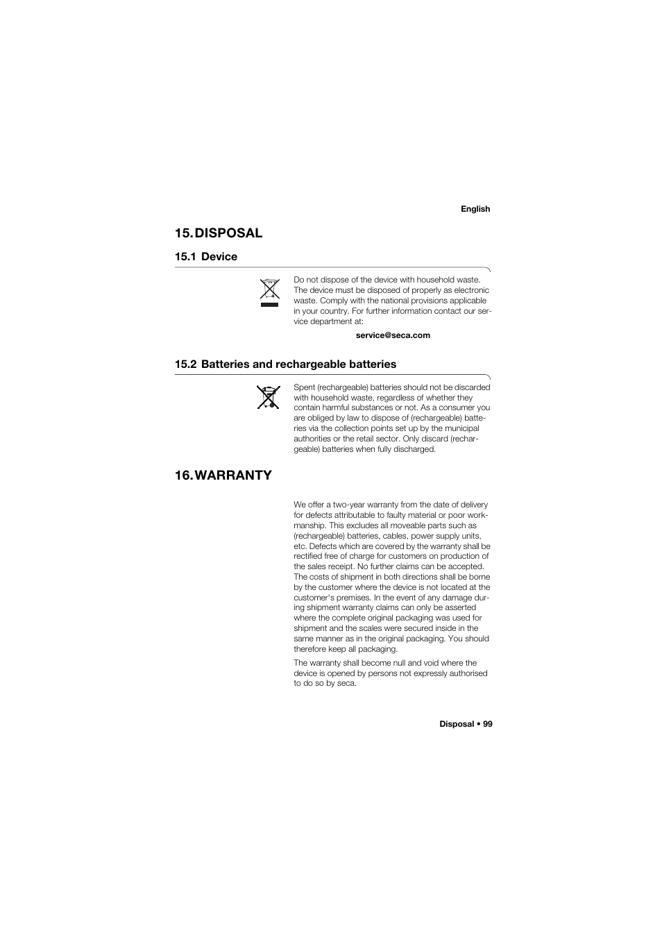 Disposal, 1 device, 2 batteries and rechargeable batteries | Warranty | Seca 634 User Manual | Page 99 / 363