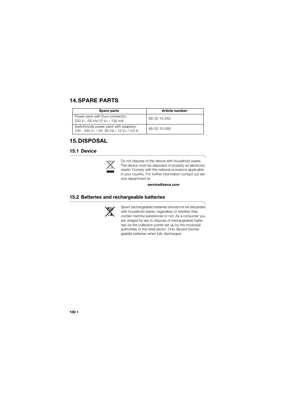 Spare parts, Disposal, 1 device | 2 batteries and rechargeable batteries, Spare parts 15.disposal | Seca 635 User Manual | Page 100 / 369