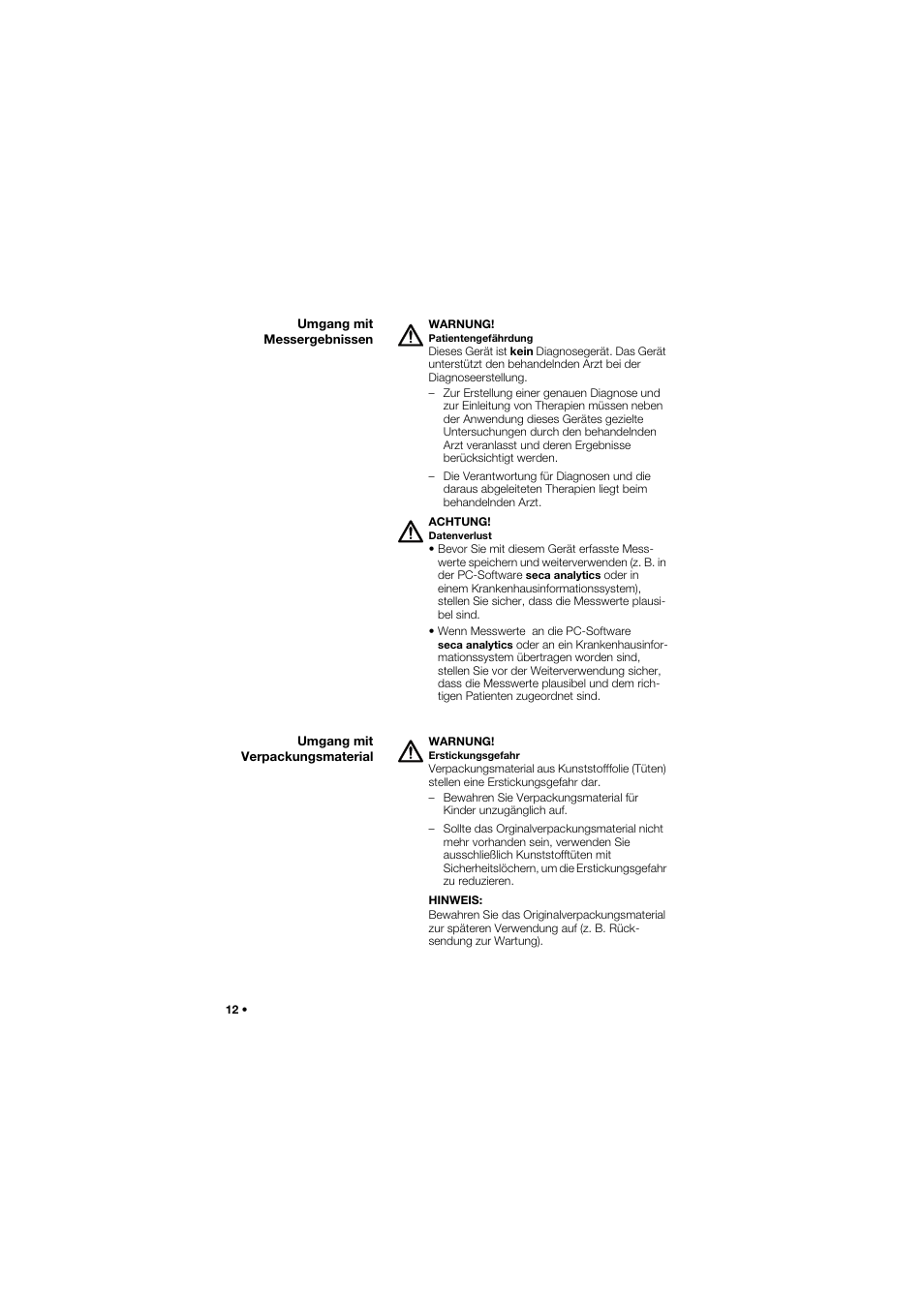 Umgang mit messergebnissen, Umgang mit verpackungsmaterial | Seca 635 User Manual | Page 12 / 369