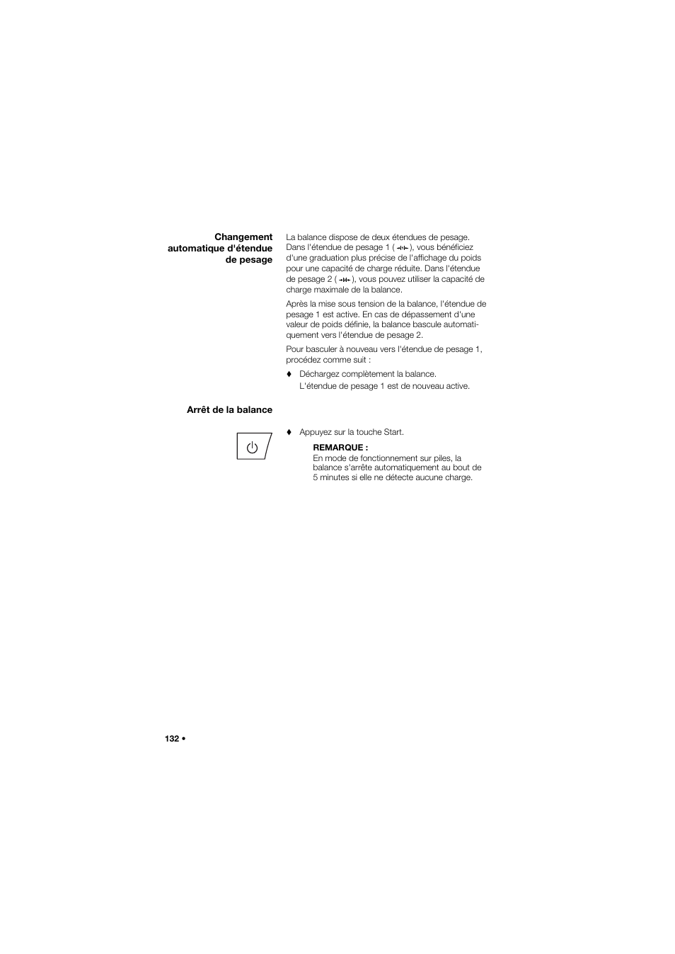 Changement automatique d'étendue de pesage, Arrêt de la balance | Seca 635 User Manual | Page 132 / 369