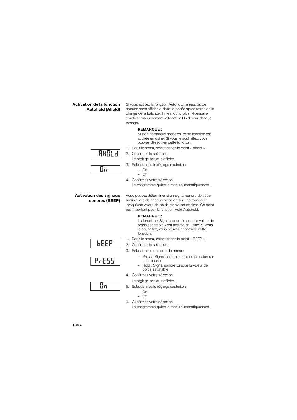 Activation de la fonction autohold (ahold), Activation des signaux sonores (beep) | Seca 635 User Manual | Page 136 / 369