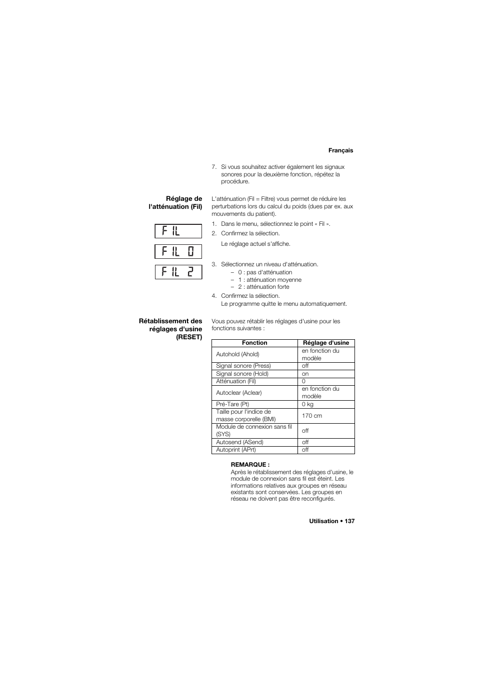 Réglage de l'atténuation (fil), Rétablissement des réglages d'usine (reset) | Seca 635 User Manual | Page 137 / 369