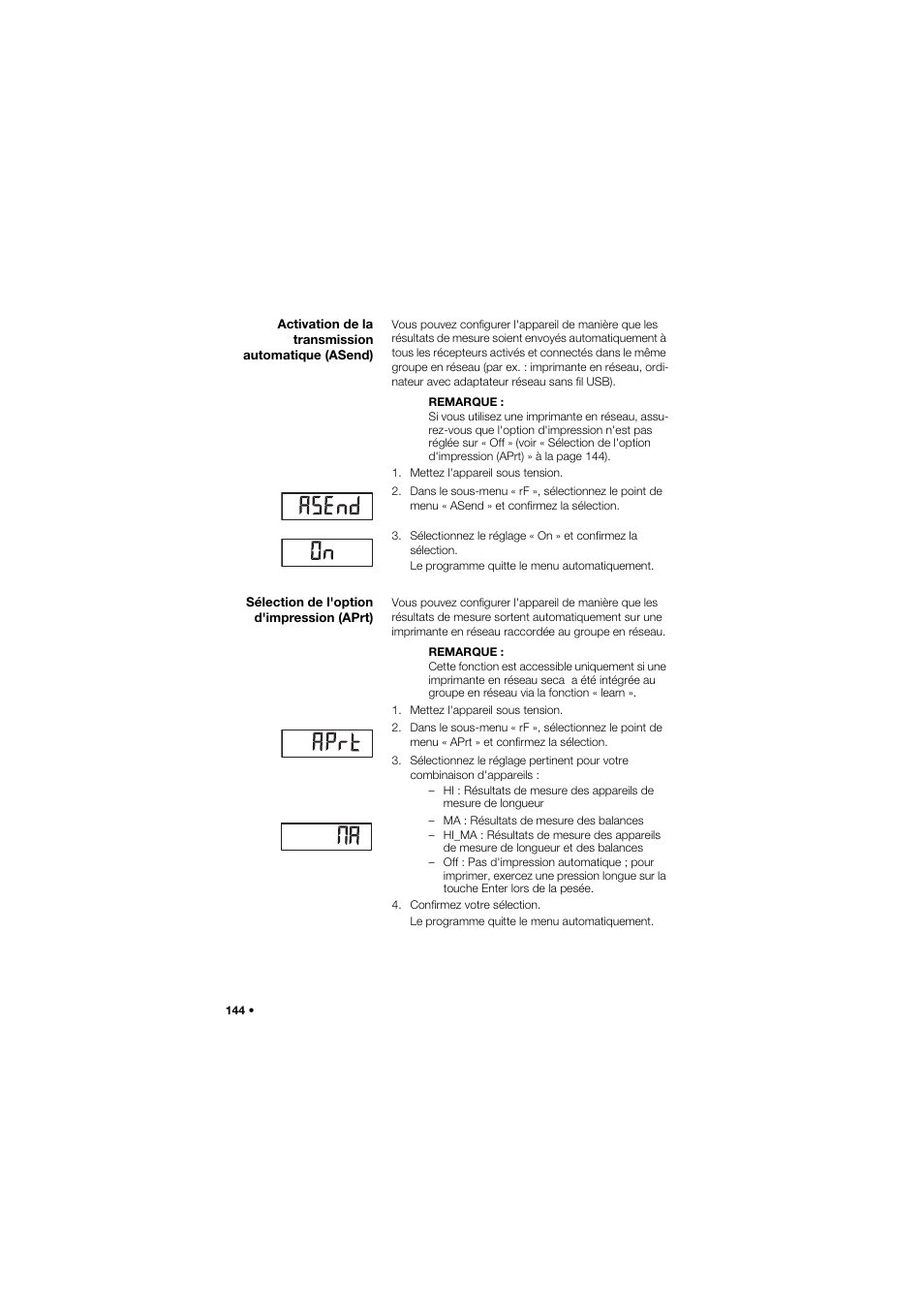 Activation de la transmission automatique (asend), Sélection de l'option d'impression (aprt) | Seca 635 User Manual | Page 144 / 369