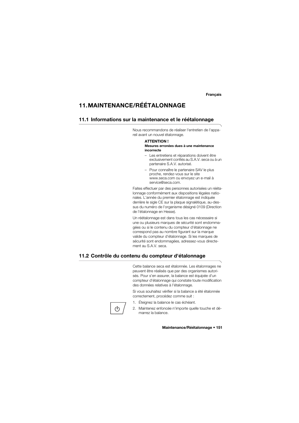 Maintenance/réétalonnage, 2 contrôle du contenu du compteur d'étalonnage | Seca 635 User Manual | Page 151 / 369