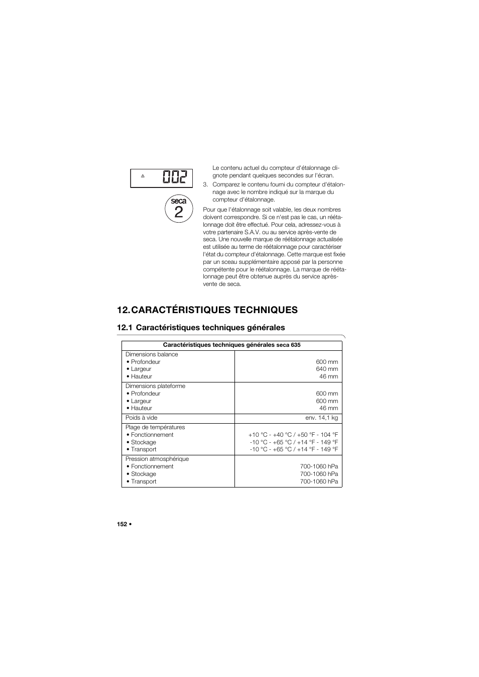 Caractéristiques techniques, 1 caractéristiques techniques générales | Seca 635 User Manual | Page 152 / 369