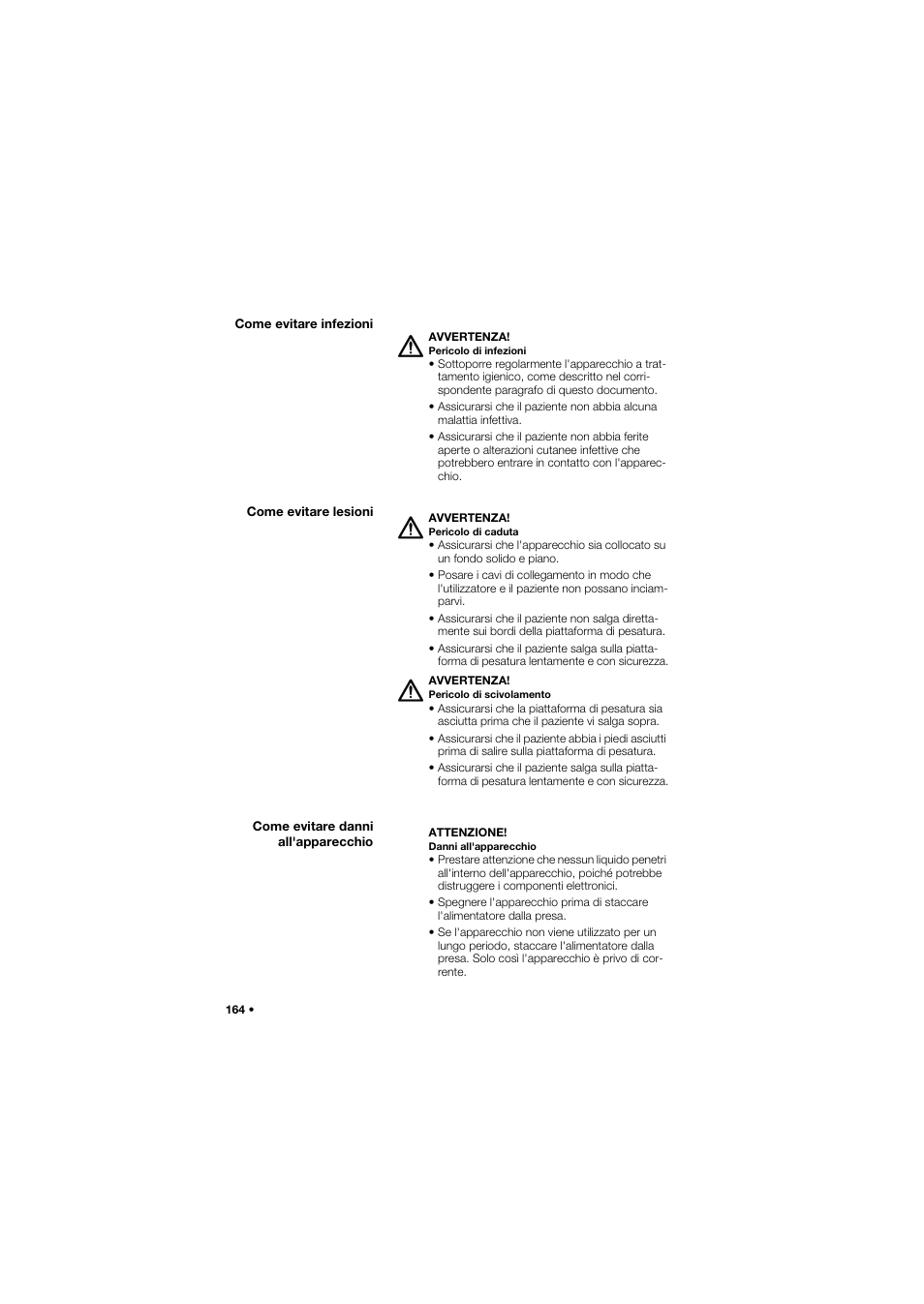 Come evitare infezioni, Come evitare lesioni, Come evitare danni all'apparecchio | Seca 635 User Manual | Page 164 / 369