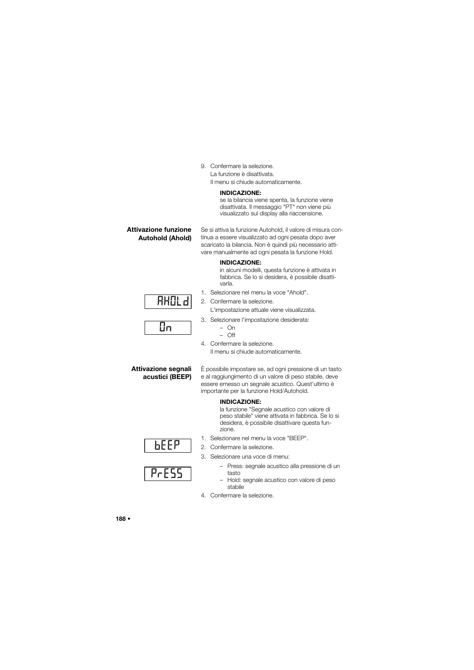 Attivazione funzione autohold (ahold), Attivazione segnali acustici (beep) | Seca 635 User Manual | Page 188 / 369