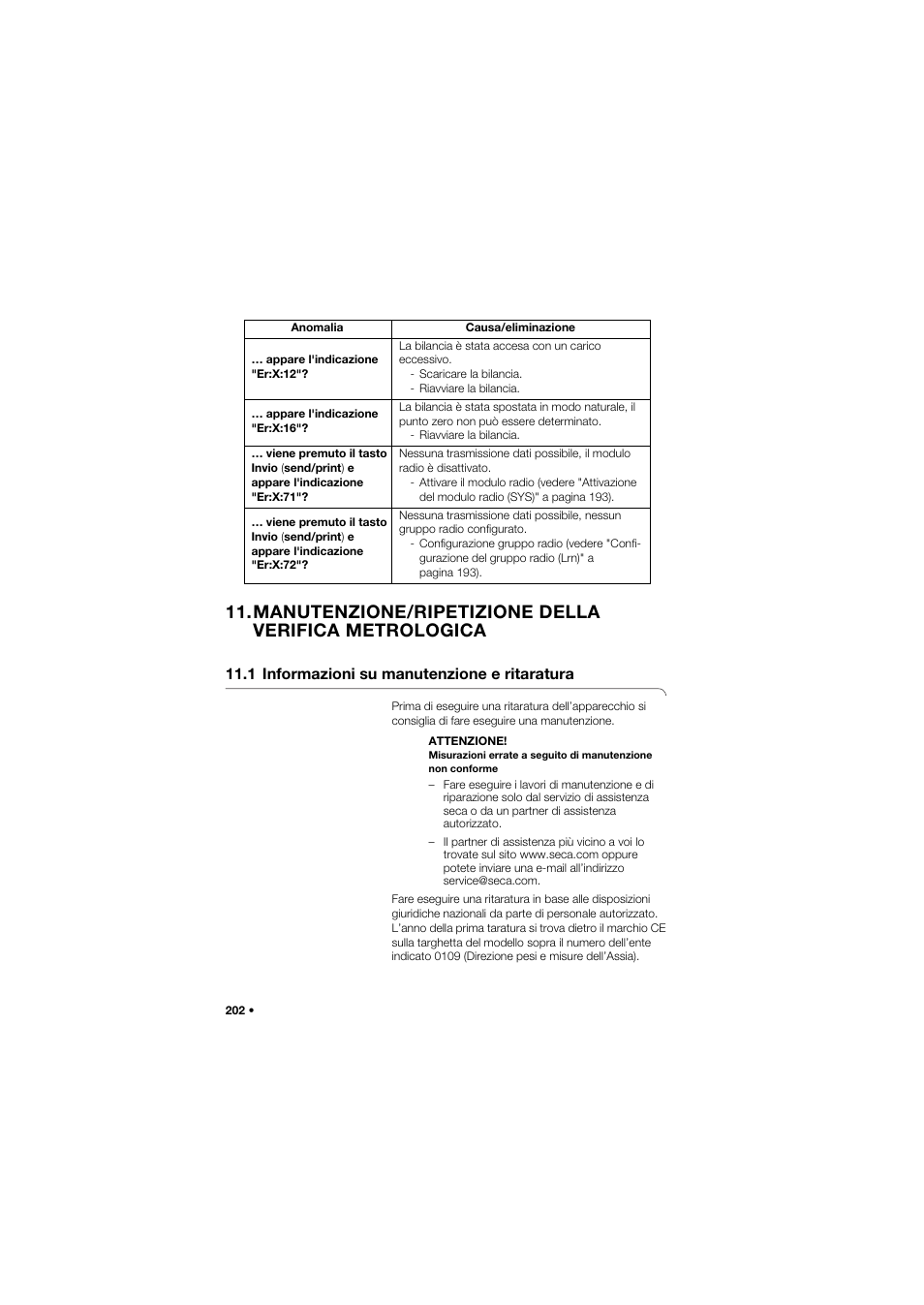 1 informazioni su manutenzione e ritaratura | Seca 635 User Manual | Page 202 / 369
