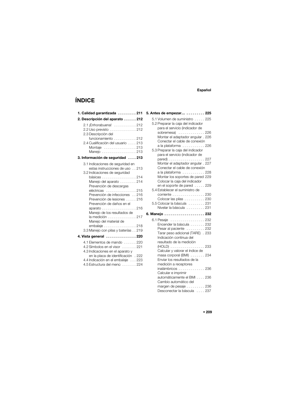 Español, Índice | Seca 635 User Manual | Page 209 / 369