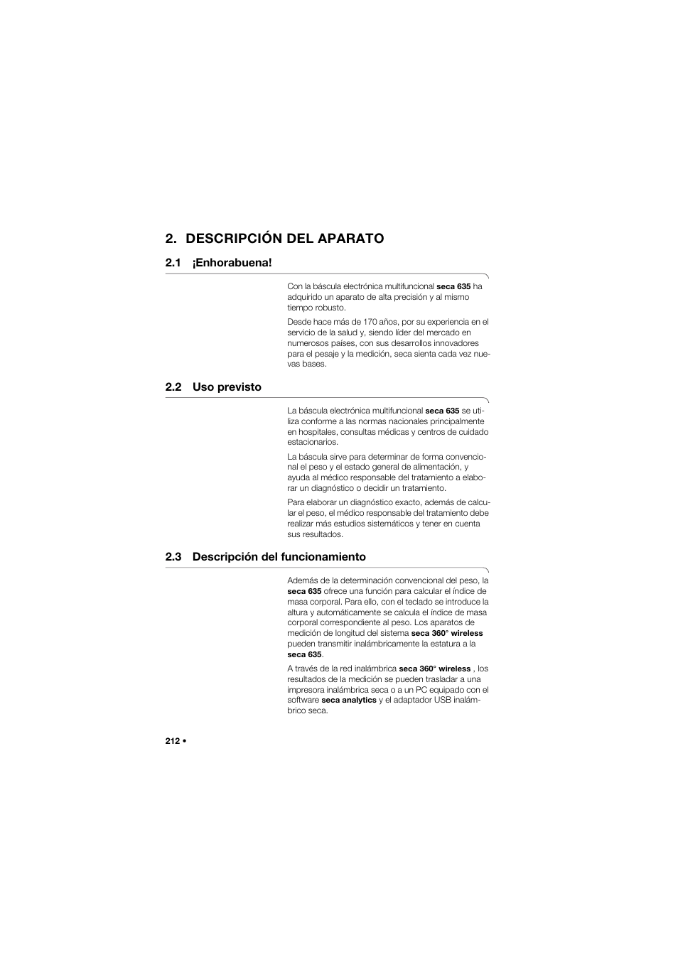 Descripción del aparato, 1 ¡enhorabuena, 2 uso previsto | 3 descripción del funcionamiento | Seca 635 User Manual | Page 212 / 369
