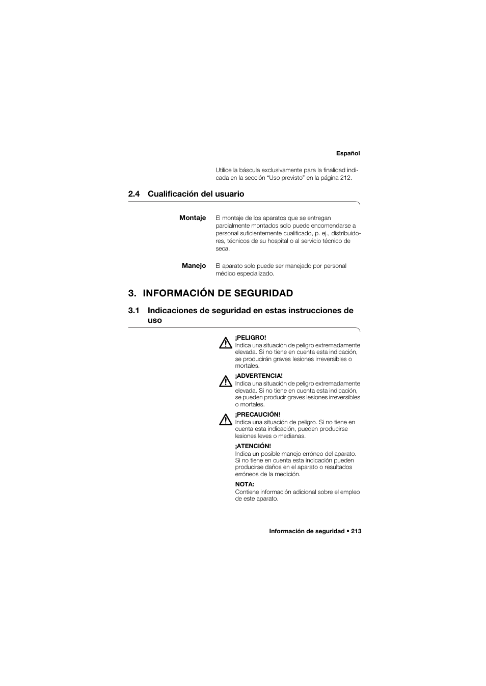 4 cualificación del usuario, Montaje, Manejo | Información de seguridad | Seca 635 User Manual | Page 213 / 369