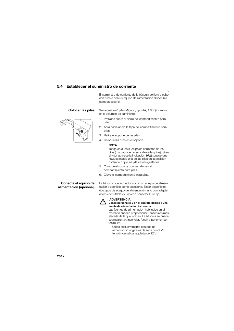4 establecer el suministro de corriente, Colocar las pilas | Seca 635 User Manual | Page 230 / 369