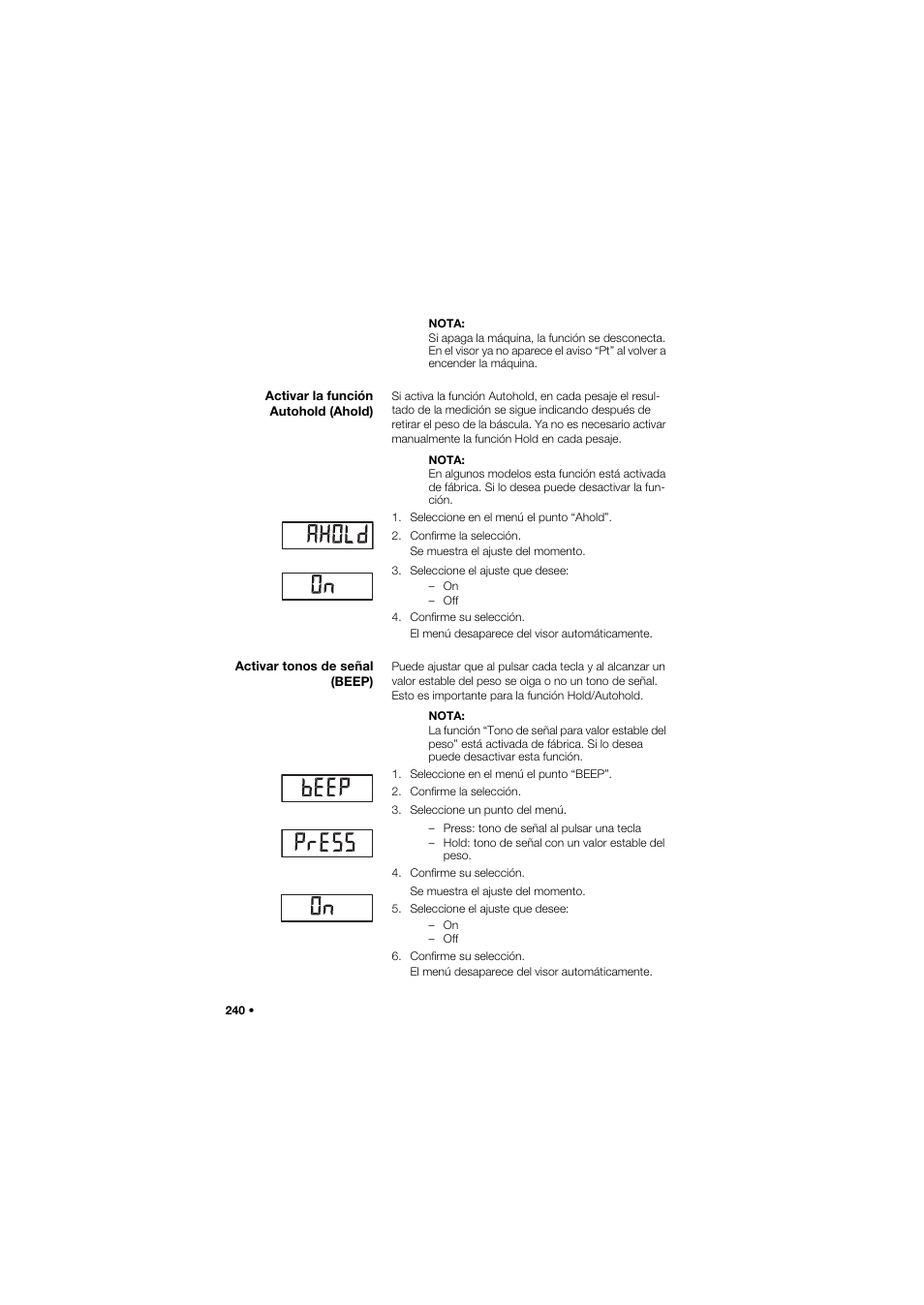 Activar la función autohold (ahold), Activar tonos de señal (beep) | Seca 635 User Manual | Page 240 / 369