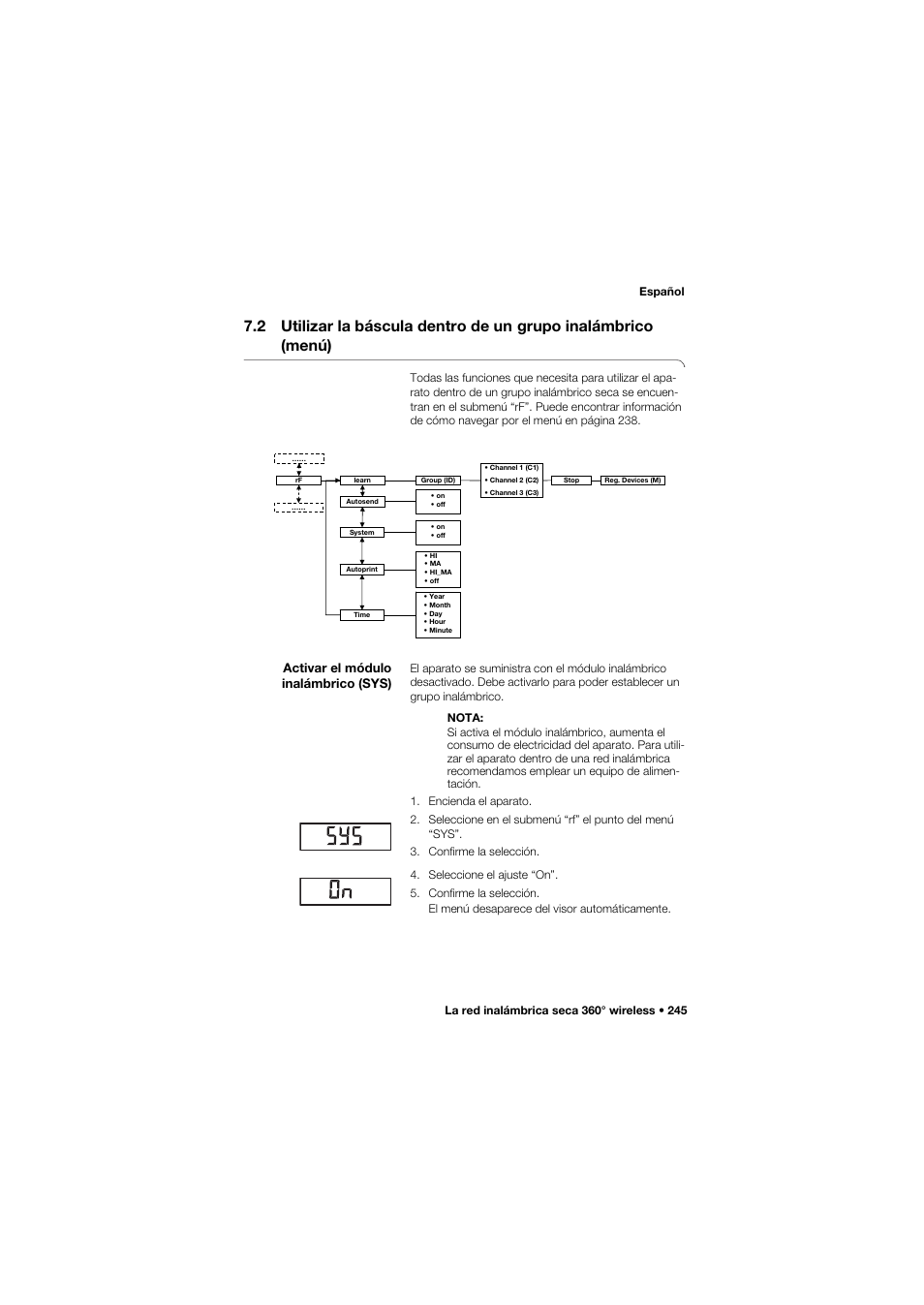 Activar el módulo inalámbrico (sys), 2 utilizar la báscula dentro de un, Grupo inalámbrico (menú) | Seca 635 User Manual | Page 245 / 369