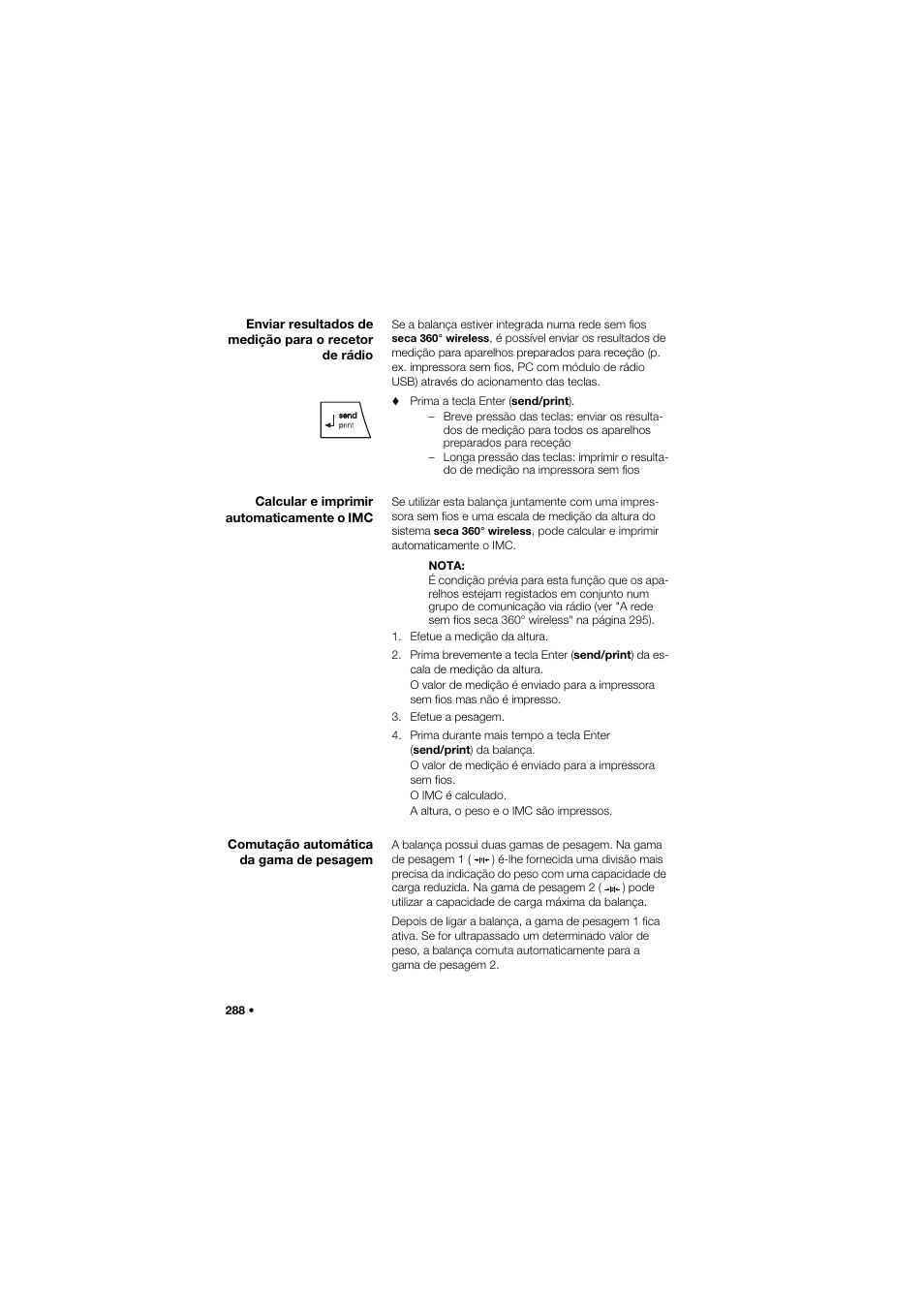 Calcular e imprimir automaticamente o imc, Comutação automática da gama de pesagem | Seca 635 User Manual | Page 288 / 369