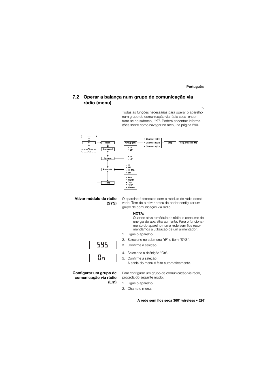 Ativar módulo de rádio (sys), Configurar um grupo de comunicação via rádio (lrn), 2 operar a balança num | Grupo de comunicação via rádio (menu) | Seca 635 User Manual | Page 297 / 369