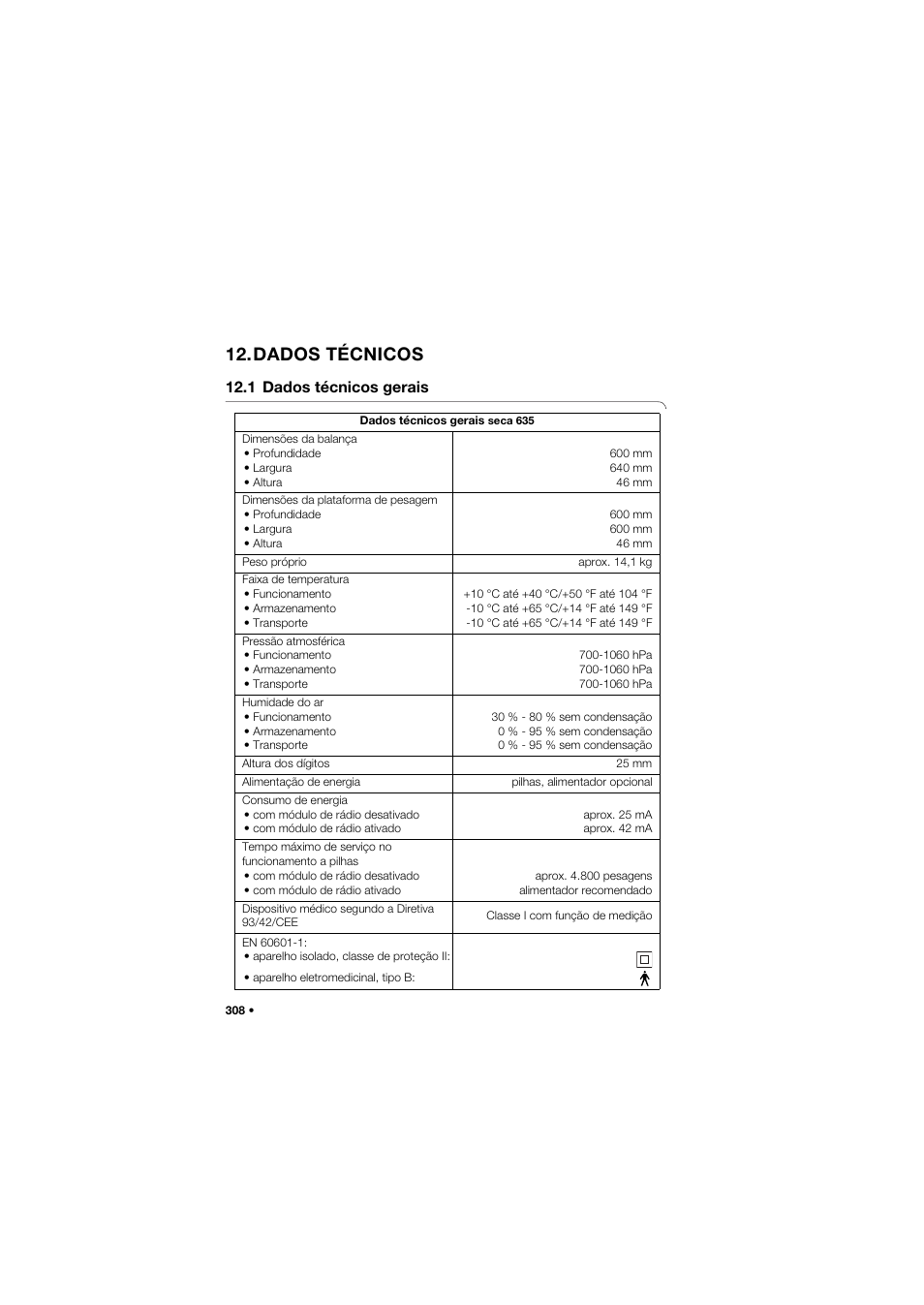 Dados técnicos, 1 dados técnicos gerais | Seca 635 User Manual | Page 308 / 369
