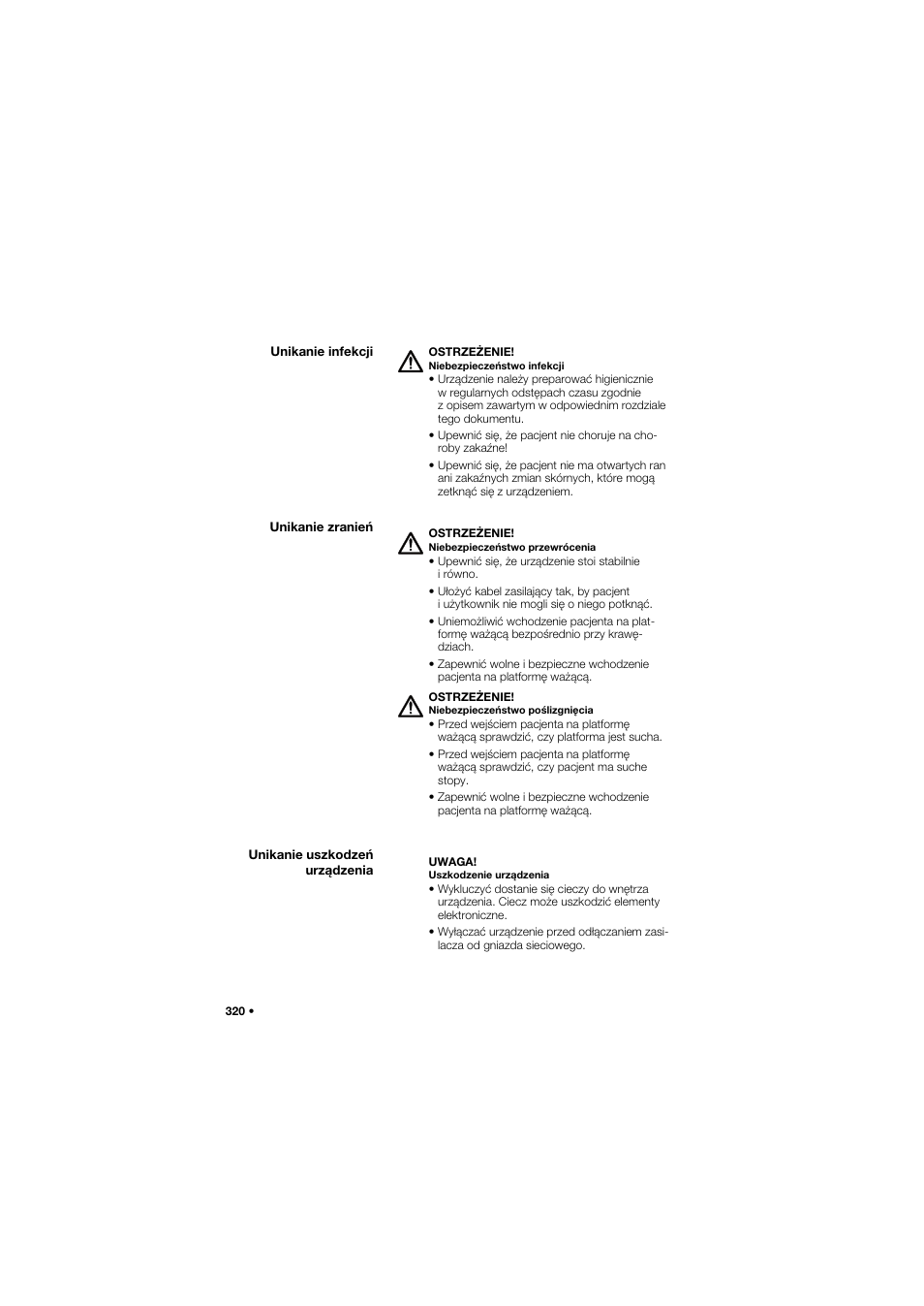 Unikanie infekcji, Unikanie zranień, Unikanie uszkodzeń urządzenia | Seca 635 User Manual | Page 320 / 369