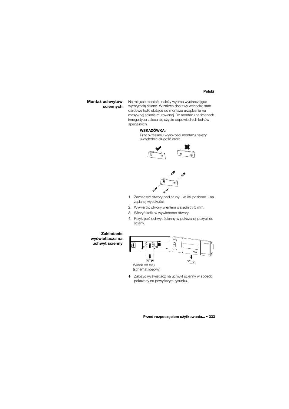 Montaż uchwytów ściennych, Zakładanie wyświetlacza na uchwyt ścienny | Seca 635 User Manual | Page 333 / 369