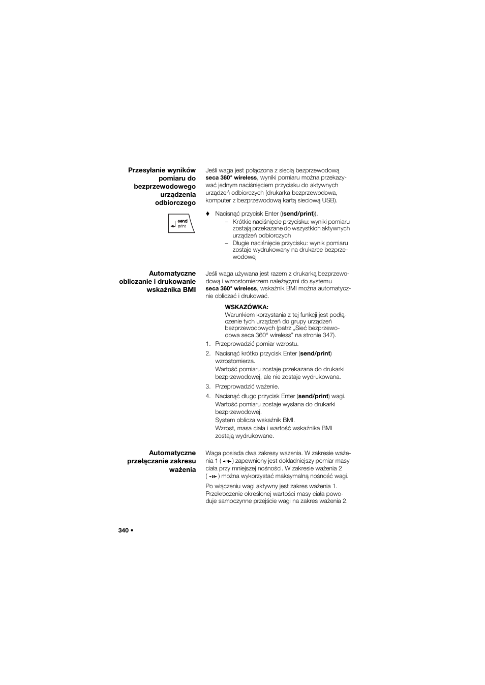 Automatyczne obliczanie i drukowanie wskaźnika bmi, Automatyczne przełączanie zakresu ważenia | Seca 635 User Manual | Page 340 / 369