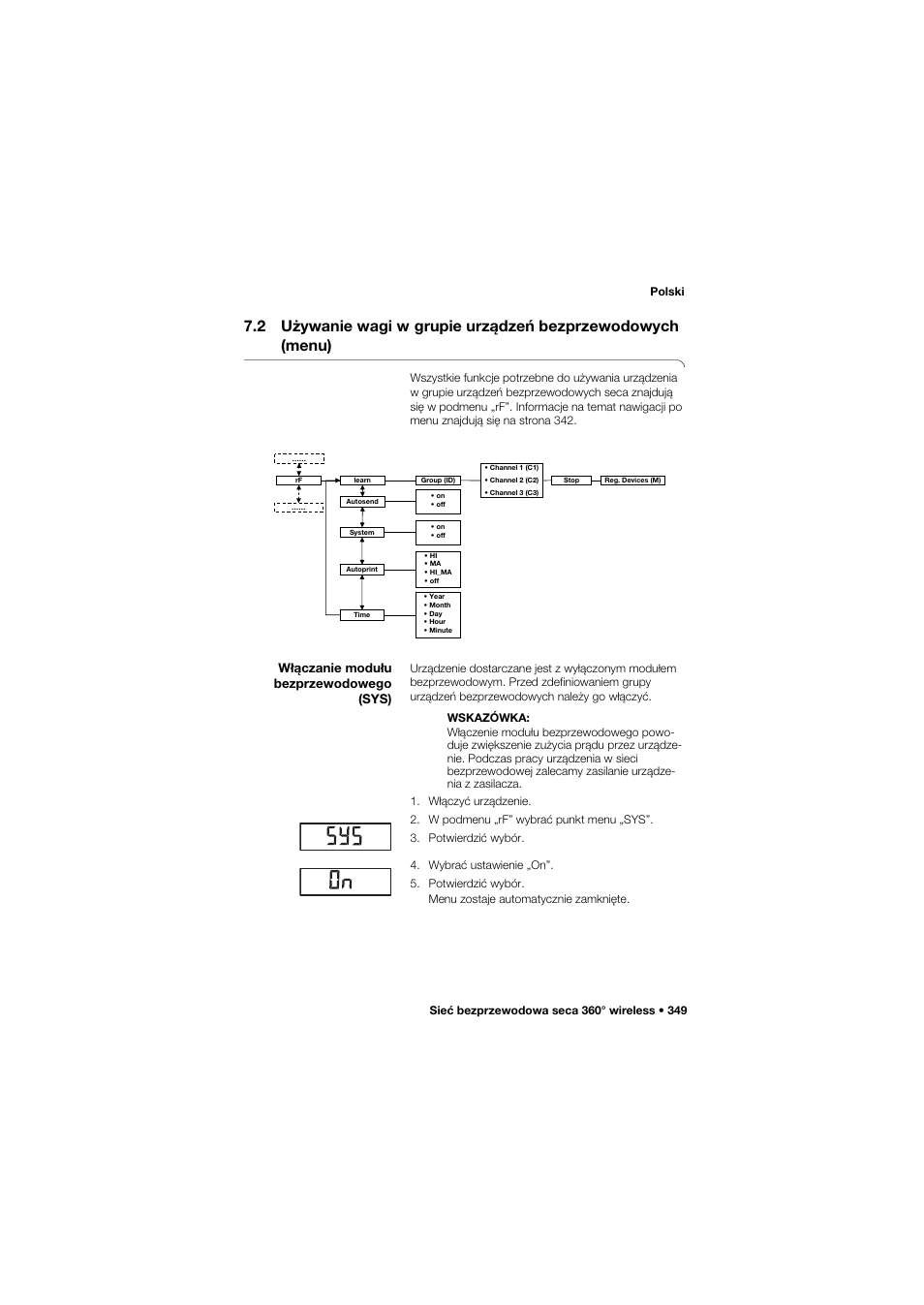 Włączanie modułu bezprzewodowego (sys), 2 używanie wagi w, Grupie urządzeń bezprzewodowych (menu) | Seca 635 User Manual | Page 349 / 369