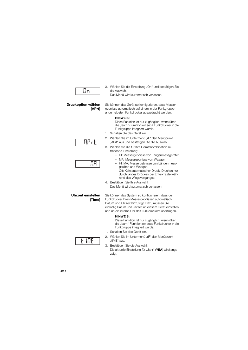 Druckoption wählen (aprt), Uhrzeit einstellen (time) | Seca 635 User Manual | Page 42 / 369