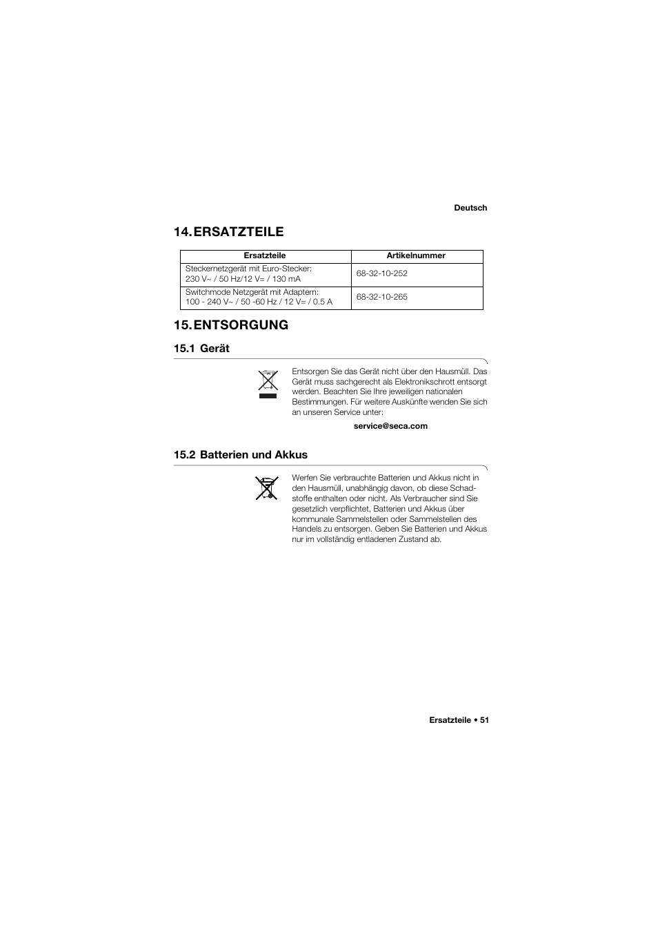 Ersatzteile, Entsorgung, 1 gerät | 2 batterien und akkus, Ersatzteile 15.entsorgung | Seca 635 User Manual | Page 51 / 369