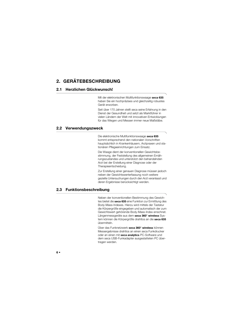 Gerätebeschreibung, 1 herzlichen glückwunsch, 2 verwendungszweck | 3 funktionsbeschreibung | Seca 635 User Manual | Page 6 / 369