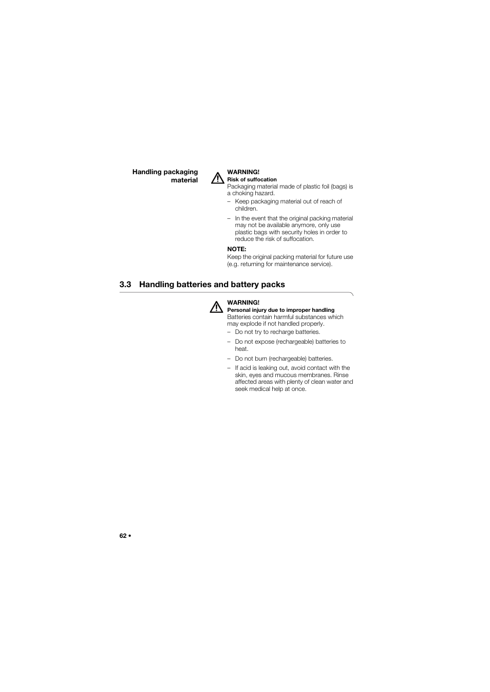 Handling packaging material, 3 handling batteries and battery packs | Seca 635 User Manual | Page 62 / 369