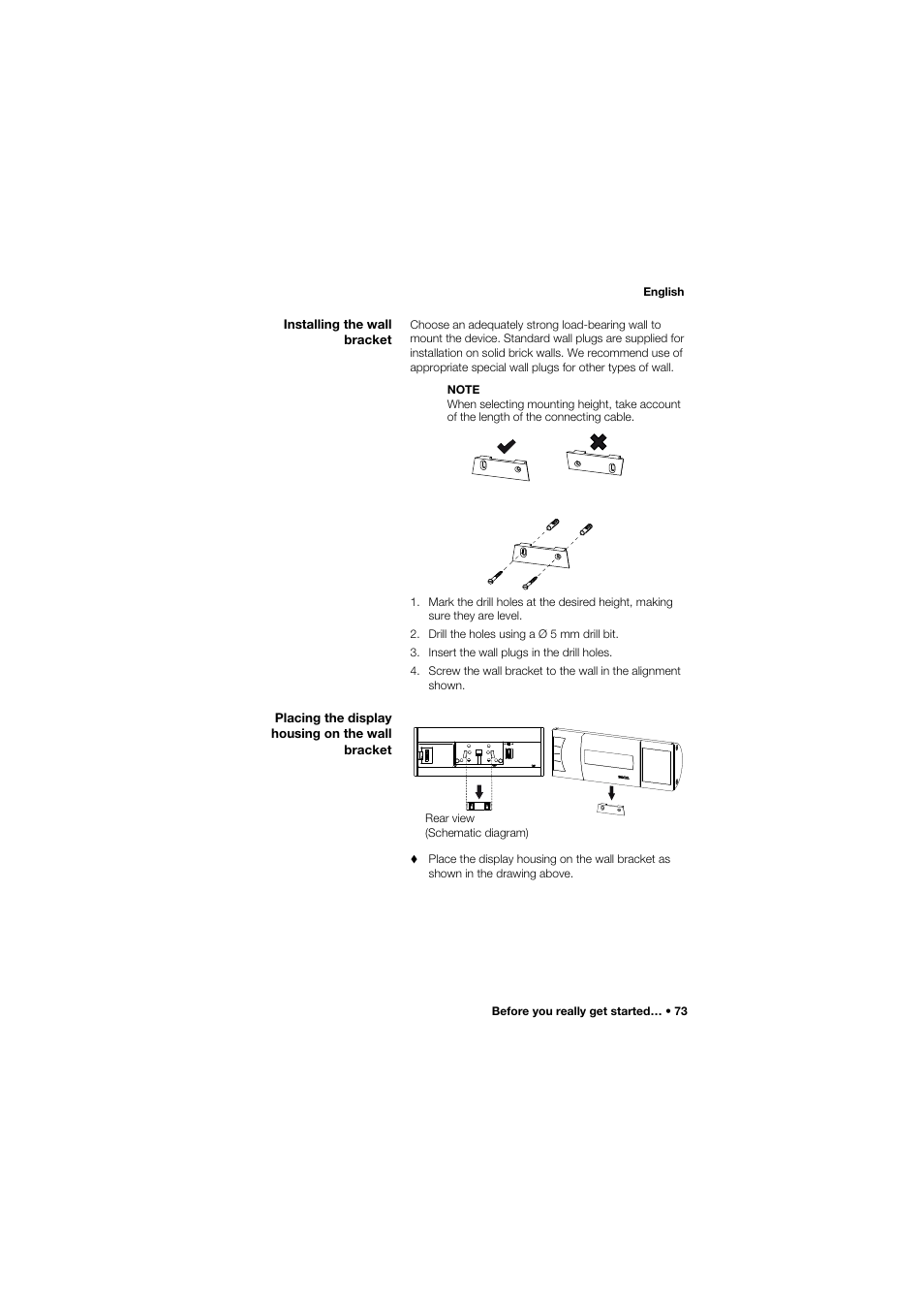 Installing the wall bracket, Placing the display housing on the wall bracket | Seca 635 User Manual | Page 73 / 369