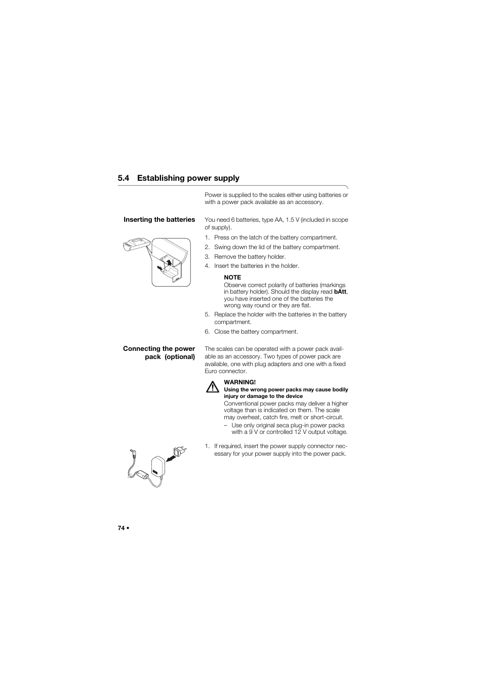 4 establishing power supply, Inserting the batteries | Seca 635 User Manual | Page 74 / 369