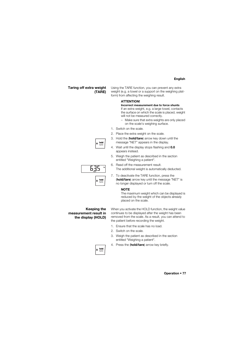 Taring off extra weight (tare) | Seca 635 User Manual | Page 77 / 369
