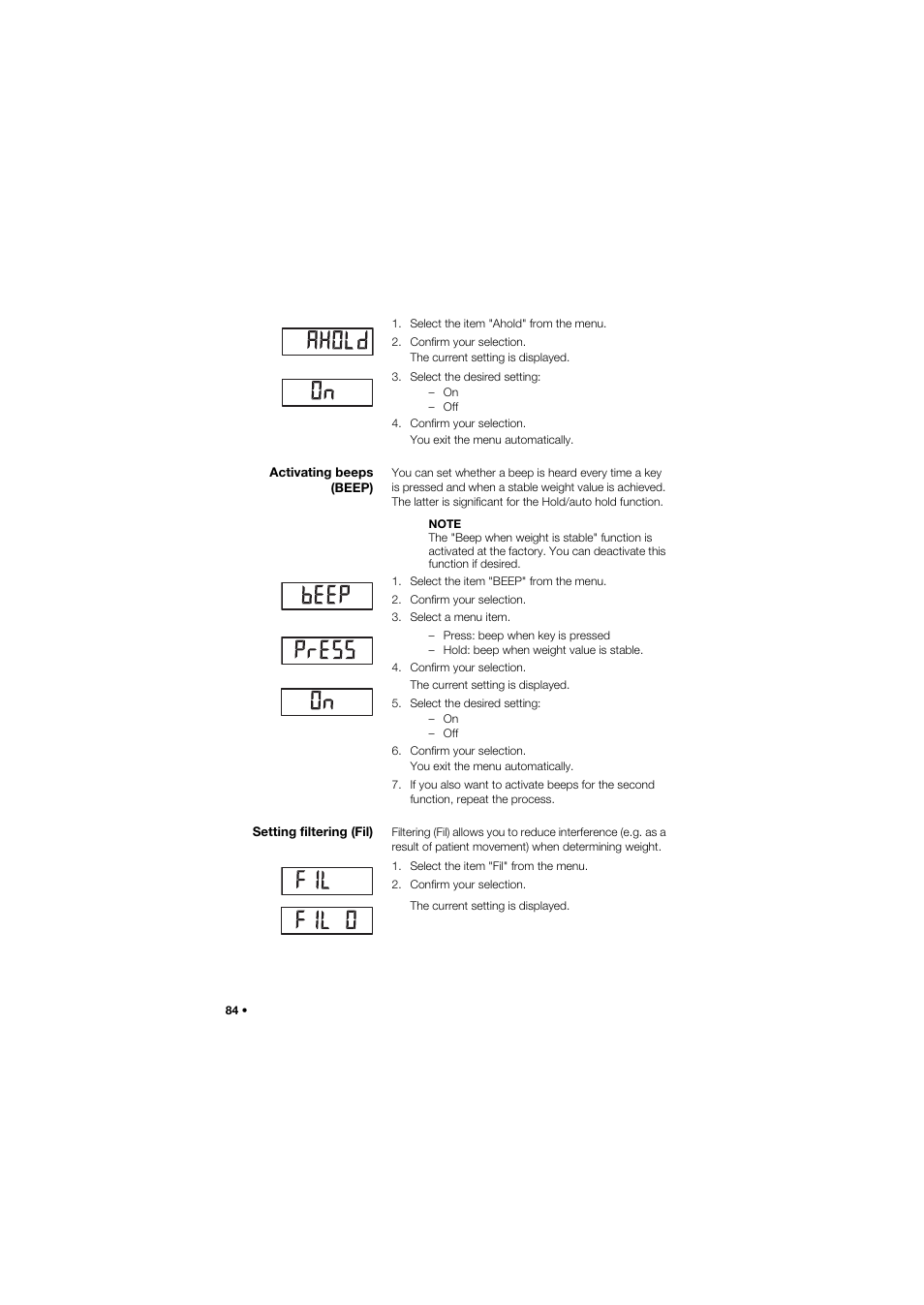 Activating beeps (beep), Setting filtering (fil) | Seca 635 User Manual | Page 84 / 369