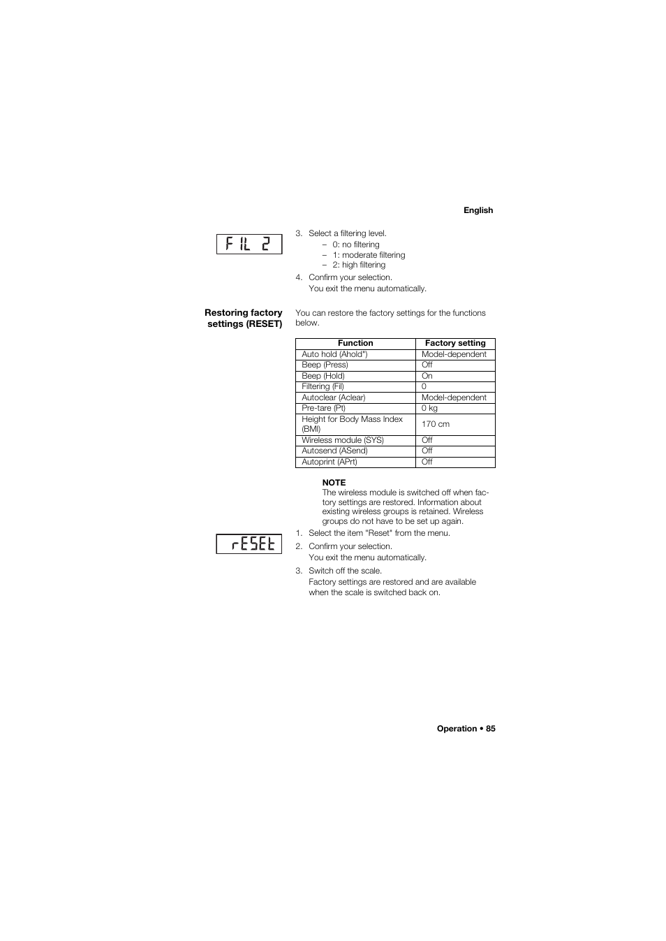 Restoring factory settings (reset) | Seca 635 User Manual | Page 85 / 369