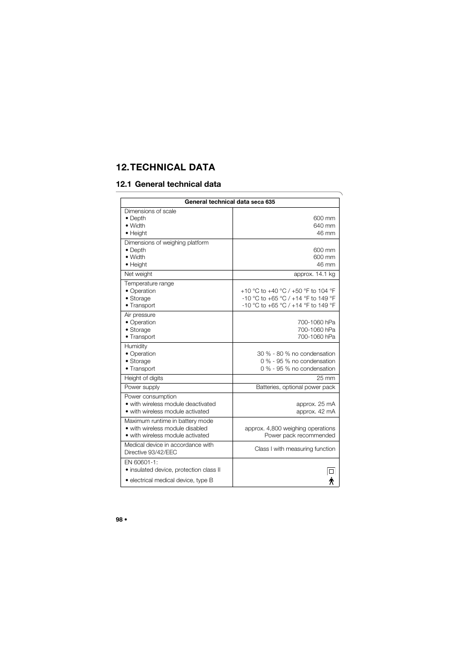 Technical data, 1 general technical data | Seca 635 User Manual | Page 98 / 369